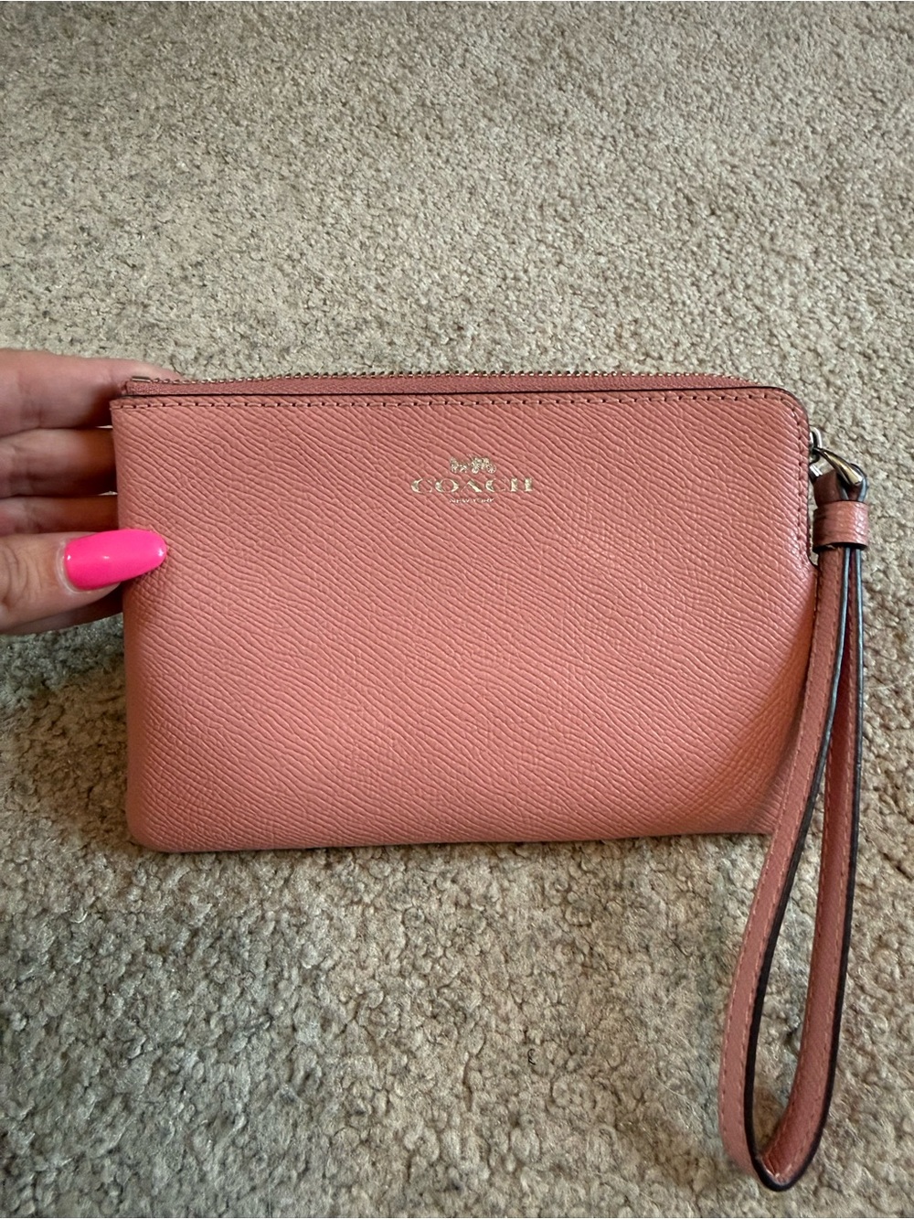 Coach Salmon Pink Leather Wristlet with Gold Logo
